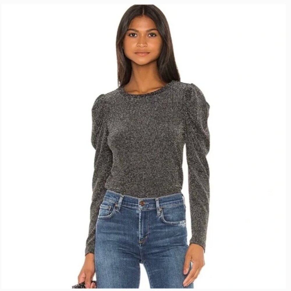 BB Dakota black silver metallic puff shoulder shimmer blouse top XS